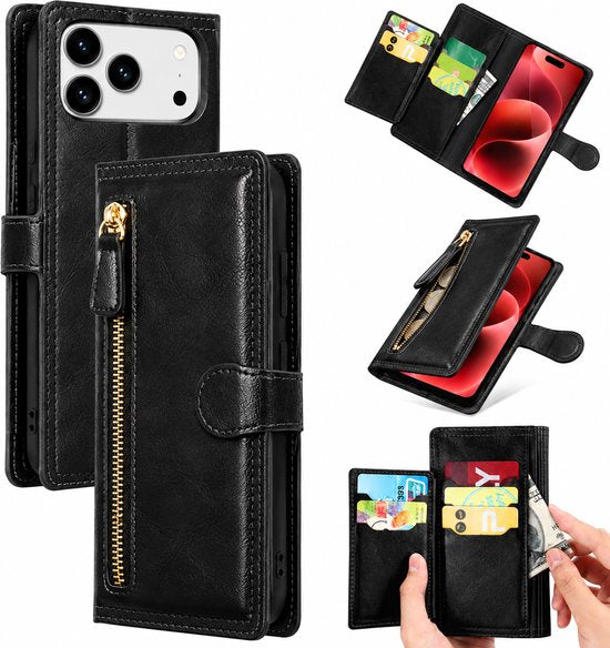 Bookcase Geschikt voor: Apple iPhone 17 Pro Max - Portemonnee hoesje met ritssluiting en magnetische sluiting -5 pasjes - Zwart