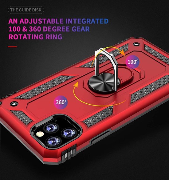 iPhone 11 Pro Hoesjes – Rugged Backcover met Ring Kickstand – Schokbestendig – Rood-Ilumina Benelux