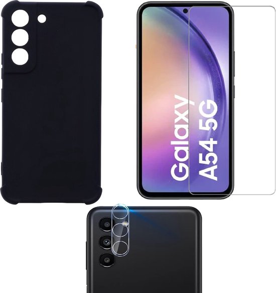 Samsung Galaxy A54 Hoesjes – Anti-Shock Siliconen Backcover – Incl. Screenprotector Gehard Glas + Camera Lens Protector – Zwart-Ilumina Benelux