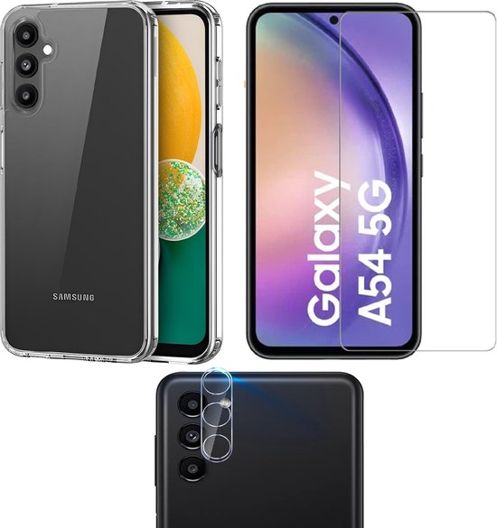 Samsung Galaxy A54 Hoesjes – Transparante Siliconen Backcover – Met Screenprotector Gehard Glas + Camera Lens Protector – Anti-kras-Ilumina Benelux