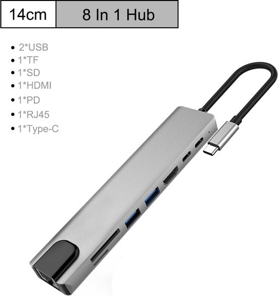 USB-C Hub – 8-in-1 Type-C Adapter met Ethernet – 4K HDMI – 2x USB 3.0 – 100W PD – SD Kaartlezer – Geschikt voor MacBook/Chromebook/HP/Asus/Lenovo-Ilumina Benelux