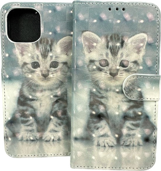 iPhone 13 Hoesjes – Portemonnee Book Case – Pasjeshouder – Magneetsluiting – Kat Print-Ilumina Benelux