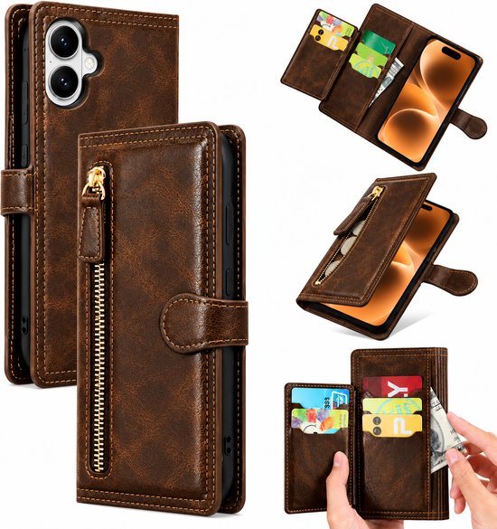 Bookcase Geschikt voor: Apple iPhone 17 - Portemonnee hoesje met ritssluiting en magnetische sluiting -5 pasjes - Donkerbruin