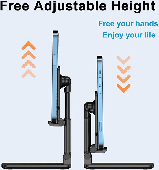 Telefoonhouder bureau – Verstelbare tafelstandaard – Opvouwbaar – Voor smartphone, iPad Mini & Kindle – Zwart