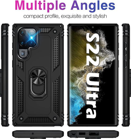 Samsung Galaxy S22 Ultra Hoesjes – Ring Armor Backcover – 360° Draaibare Standaard – Magneet – Zwart-Ilumina Benelux