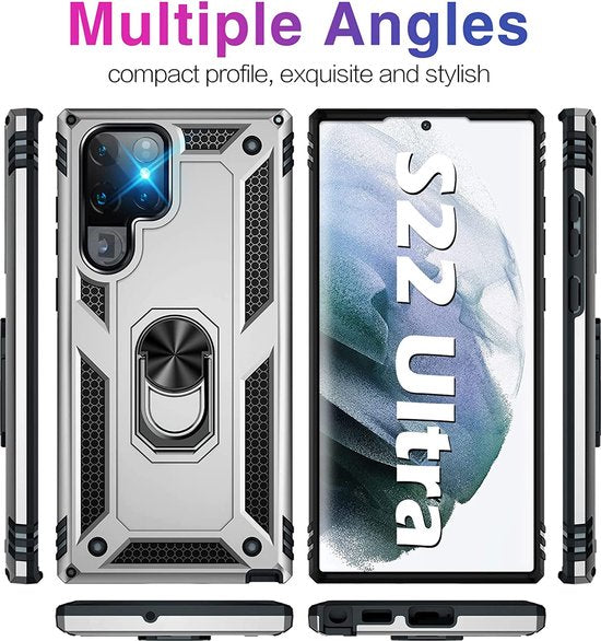 Samsung Galaxy S22 Ultra Hoesjes – Ring Armor Backcover – 360° Draaibare Standaard – Magneet – Zilver-Ilumina Benelux