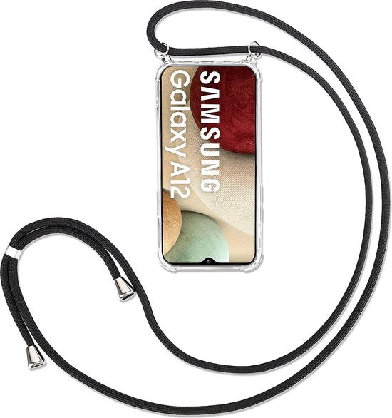 Samsung Galaxy A12 Hoesjes – Backcover met Koord – Schokbestendig – Schouder/Nek Draagriem – Zwart-Ilumina Benelux