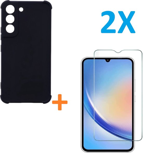 Samsung Galaxy A34 Hoesjes – Anti-Shock Siliconen Backcover – 2 Pack Screenprotector Gehard Glas – Zwart-Ilumina Benelux