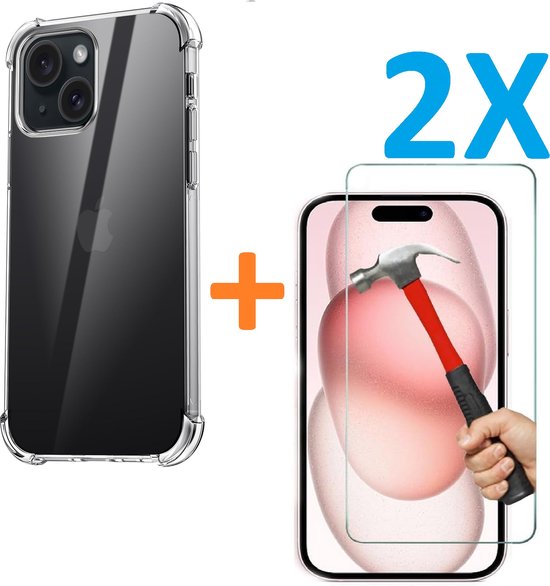 iPhone 15 Plus Hoesjes – Schokbestendige Siliconen Backcover + 2x Screenprotector Gehard Glas – Transparant-Ilumina Benelux