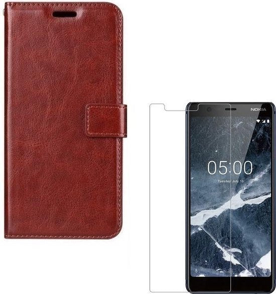 Nokia 5.1 Hoesjes – Portemonnee Hoes – Magneetsluiting – Pasjeshouder – Bruin + 2x Screenprotector-Ilumina Benelux