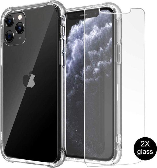 iPhone 11 Pro Hoesjes – Shockproof TPU Siliconen Backcover – Schokbestendig – Incl. 2x Gehard Glas Screenprotector – Transparant-Ilumina Benelux
