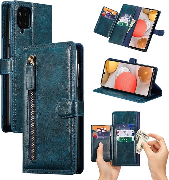 Samsung Galaxy A22 4G Hoesjes – Bookcase Portemonnee Hoes – Ritssluiting – 5 Pasjeshouder – Blauw-Ilumina Benelux