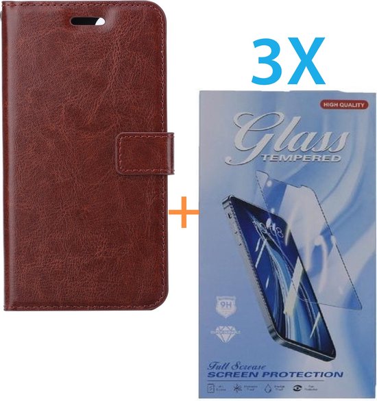 iPhone 16 Plus Hoesjes – Portemonnee Bookcase – Pasjeshouder – 3x Screenprotector Gehard Glas – Bruin-Ilumina Benelux