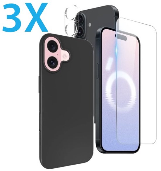 iPhone 16 Hoesjes – Siliconen Backcover – Screenprotector Gehard Glas 3x – Camera Lens Protector 3x – Zwart-Ilumina Benelux