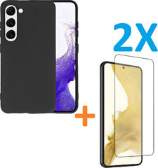 Samsung Galaxy S23 Hoesjes – Siliconen Backcover + 2x Screenprotector – Gehard Glas – Anti-kras – Zwart