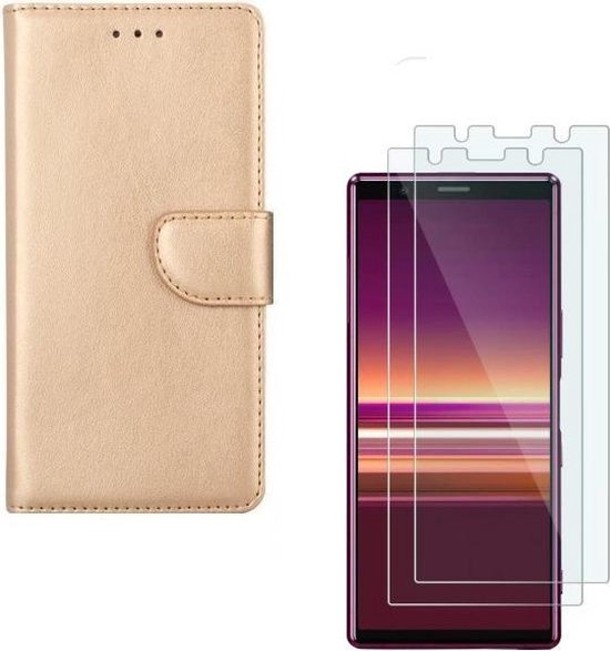 Sony Xperia 5 Hoesjes – Portemonnee Hoes – Pasjeshouder – 2x Screenprotector – Goud-Ilumina Benelux