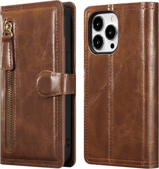 iPhone 15 Pro Max Hoesjes – Portemonnee Flipcover met Ritssluiting – Magneetsluiting – 5 Pasjeshouder – Donkerbruin-Ilumina Benelux