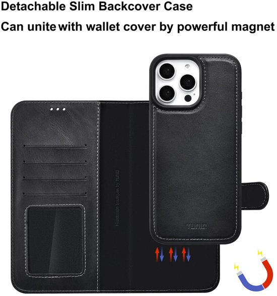 iPhone 16 Pro Hoesjes – 2-in-1 Portemonnee Case – Magnetisch Afneembaar – Pasjeshouder – Zwart-Ilumina Benelux