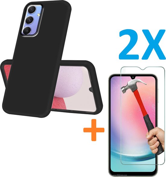 Silicone hoesje zwart met 2 Pack Screenprotector Glas Geschikt voor: Samsung Galaxy A25 4G & 5G
