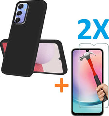 Samsung Galaxy A25 Hoesjes – Siliconen Backcover + 2x Screenprotector – Gehard Glas – Anti Kras – Zwart