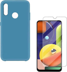 Samsung Galaxy A20S Hoesjes – Liquid Siliconen Backcover – Soft Touch Flexibel – Incl. Screenprotector – Blauw Azuur