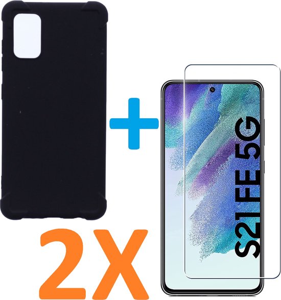 Samsung Galaxy S21 FE Hoesjes – Siliconen Backcover – Schokbestendig – 2x Screenprotector Gehard Glas – Zwart-Ilumina Benelux