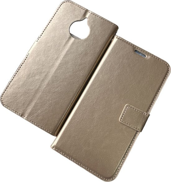 Motorola Moto E4 Hoesjes – Portemonnee Hoes – Bookcase – Pasjeshouder – Magneetsluiting – Goud-Ilumina Benelux