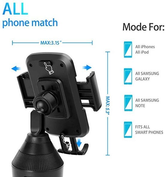 Telefoonhouder auto – Bekerhouder Cup Holder – One-Touch Klem – Universeel – Zwart-Ilumina Benelux