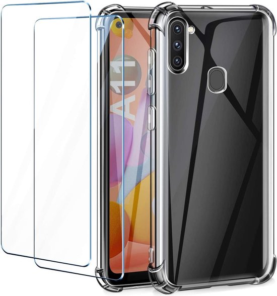 Samsung Galaxy M11 Hoesjes – Schokbestendige TPU Siliconen Backcover – 2x Gehard Glas Screenprotector – Transparant-Ilumina Benelux