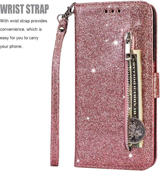 Samsung Galaxy A12/M12 Hoesjes – Glitter Portemonnee Hoes – Rits & Koord – Pasjeshouder – Roségoud-Ilumina Benelux