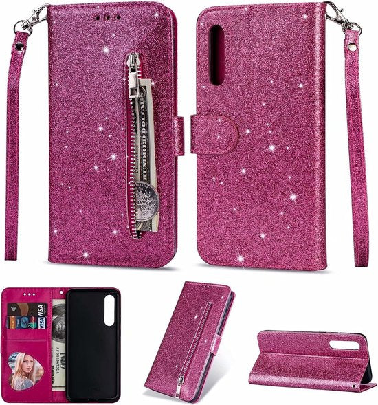 Samsung Galaxy A01 Hoesjes – Glitter Portemonnee Hoes – Rits & Koord – Pasjeshouder – Roze-Ilumina Benelux