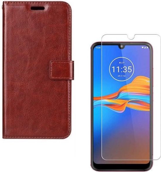 Motorola Moto E6 Plus Hoesjes – Portemonnee Hoes – Pasjeshouder – 2x Screenprotector – Bruin-Ilumina Benelux