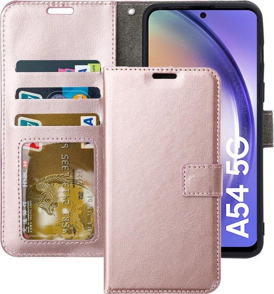 Portemonnee Hoesje - 2 Pack Screenprotector Geschikt voor: Samsung Galaxy A54 - Roségoud