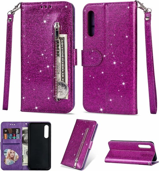 Samsung Galaxy A01 Hoesjes – Glitter Portemonneehoes – Rits & Koord – Pasjeshouder – Paars