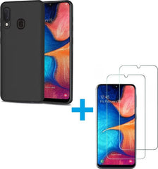 Samsung Galaxy A20E Hoesjes – Siliconen Backcover + 2x Screenprotector – Gehard Glas – Anti-kras – Zwart