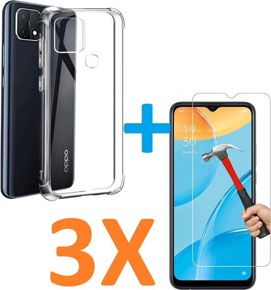 Oppo A15/A15s Hoesjes – Siliconen Backcover – Schokbestendig – Transparant + 3 Pack Screenprotector Gehard Glas – Anti-kras – Transparant-Ilumina Benelux