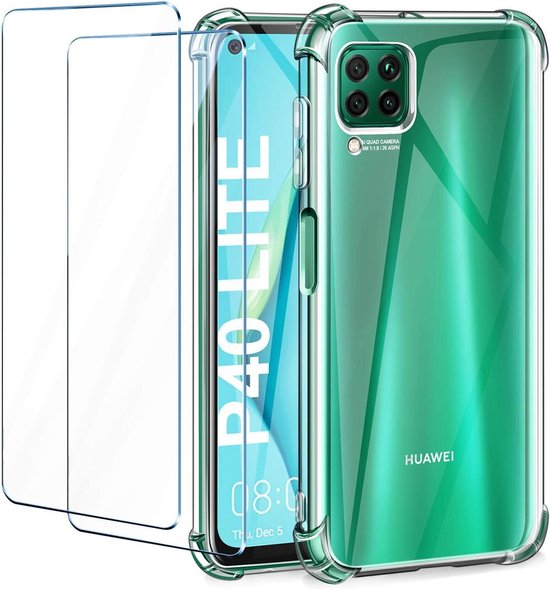 Huawei P40 Lite Hoesjes – Siliconen TPU Backcover – Schokbestendig – 2x Gehard Glas Screenprotector – Transparant-Ilumina Benelux