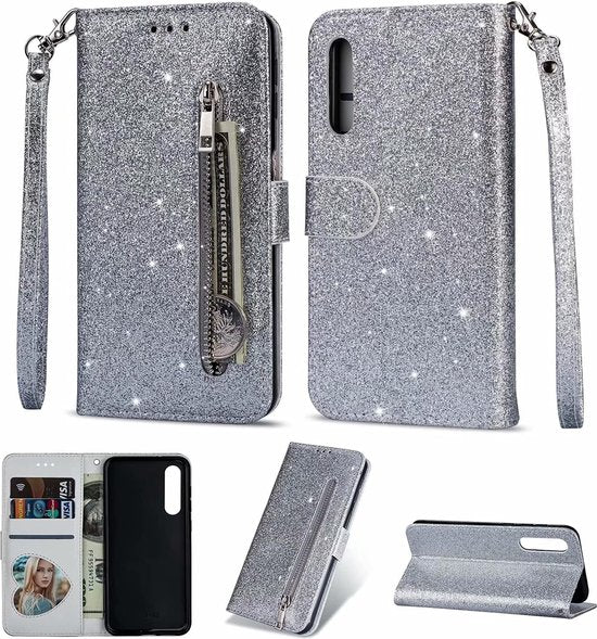 Sparkly Glitter Wallet Hoesje met Rits & Koord Geschikt voor: Samsung Galaxy A01 - Zilver
