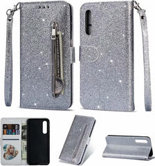 Sparkly Glitter Wallet Hoesje met Rits & Koord Geschikt voor: Samsung Galaxy A01 - Zilver