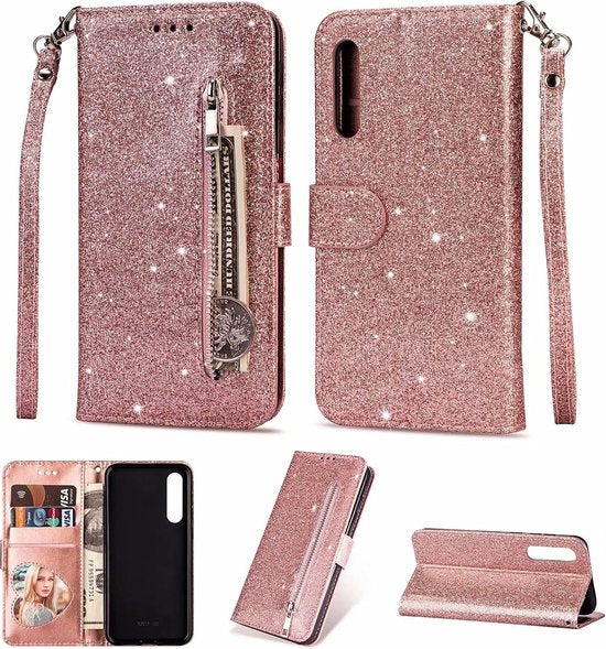 Samsung Galaxy A01 Hoesjes – Glitter Portemonnee Hoes – Rits & Koord – Pasjeshouder – Roségoud-Ilumina Benelux