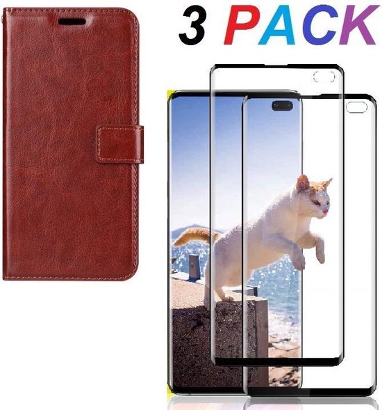 Samsung Galaxy S10+ Hoesjes – Bookcase Portemonnee – Magneetsluiting – 2x Gehard Glas Screenprotector – Bruin-Ilumina Benelux