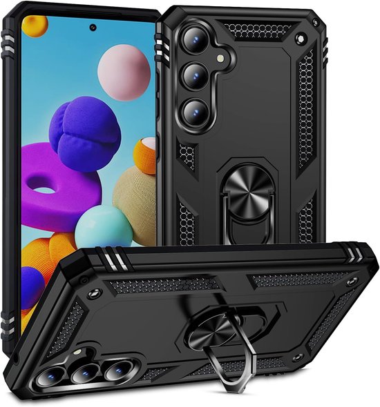 Samsung Galaxy S24 FE Hoesjes – Anti-Shock Hybrid Ring Armor Backcover – Schokbestendig – Zwart-Ilumina Benelux