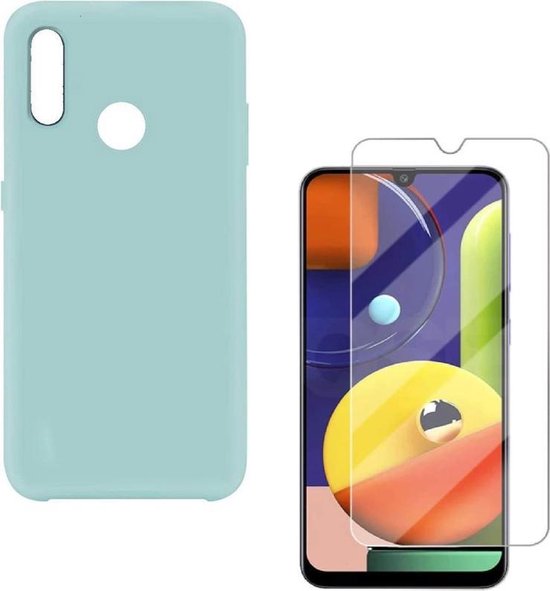 Samsung Galaxy A20S Hoesjes – Liquid Siliconen Backcover – Soft Touch – Incl. Screenprotector – Mist Blauw-Ilumina Benelux