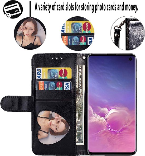 Samsung Galaxy S10E Hoesjes – Glitter Portemonnee Hoes – Rits & Koord – Pasjeshouder – Zwart-Ilumina Benelux