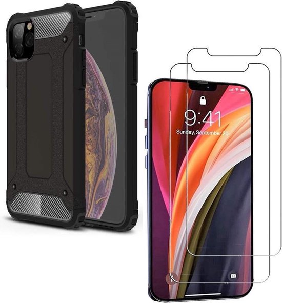 iPhone 12 Pro Hoesjes – Heavy Duty Backcover – Schokbestendig – Incl. 2x Screenprotector Gehard Glas – Zwart-Ilumina Benelux