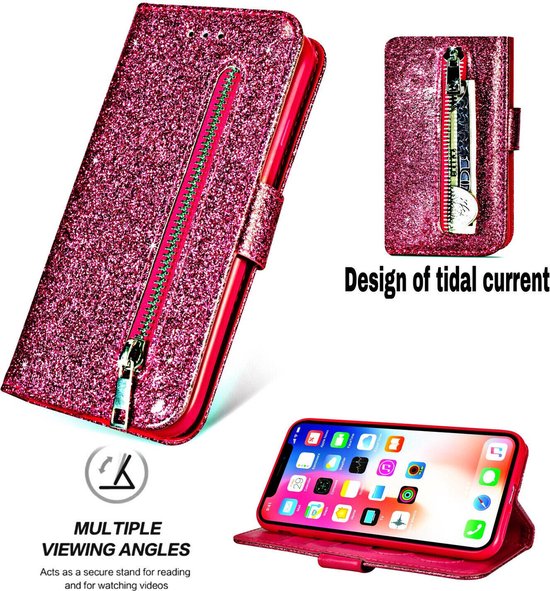 iPhone 14 Plus Hoesjes – Glitter Portemonnee Hoes – Rits & Koord – Pasjeshouder – Roze-Ilumina Benelux