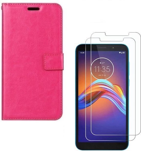 Motorola Moto E6 Play Hoesjes – Portemonnee Hoes – Pasjeshouder – Magneetsluiting – Roze + 2x Screenprotector-Ilumina Benelux