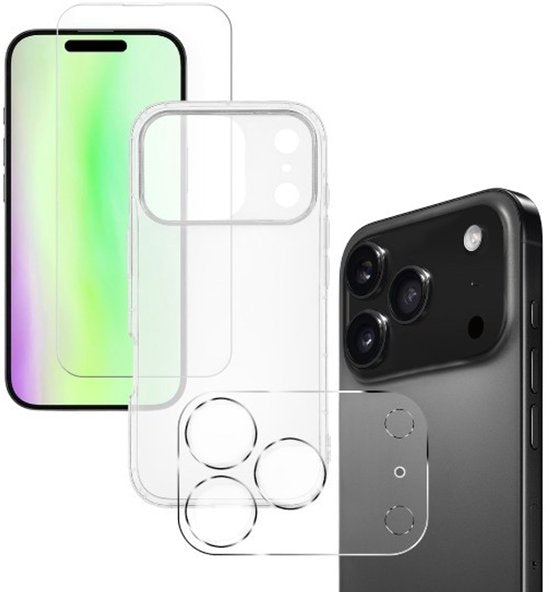 iPhone 17 Pro Max Hoesjes – Anti-shock Siliconen Backcover – Transparant – 2x Screenprotector Glas – 2x Camera Lens Protector