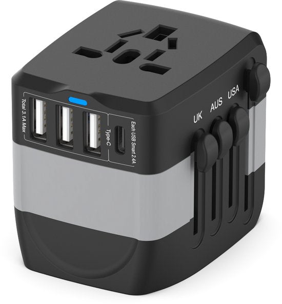 Universele Wereldstekker met 4 USB-C en USB Poorten - Internationale Reisstekker voor 150+ landen - EU - Engeland (UK) - Amerika (USA) - Australië - Azië - Zuid Amerika - Reis Adapter - Wereld Stekker - Oplader – Zwart