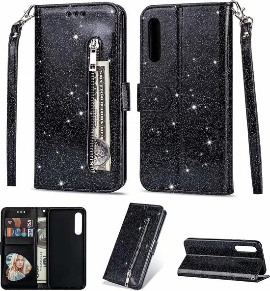 Samsung Galaxy A01 Hoesjes – Glitter Portemonnee Hoes – Rits & Koord – Pasjeshouder – Zwart-Ilumina Benelux